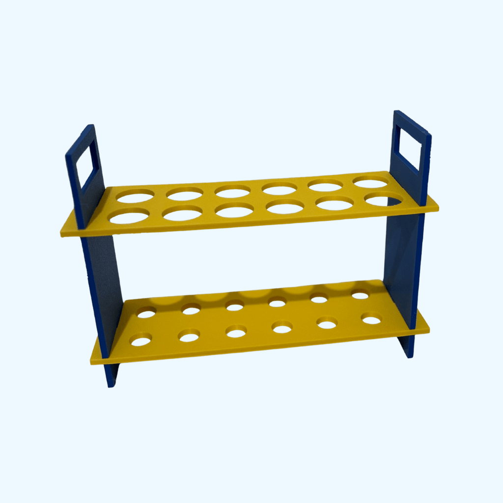 blue and yellow flat pack test tube rack