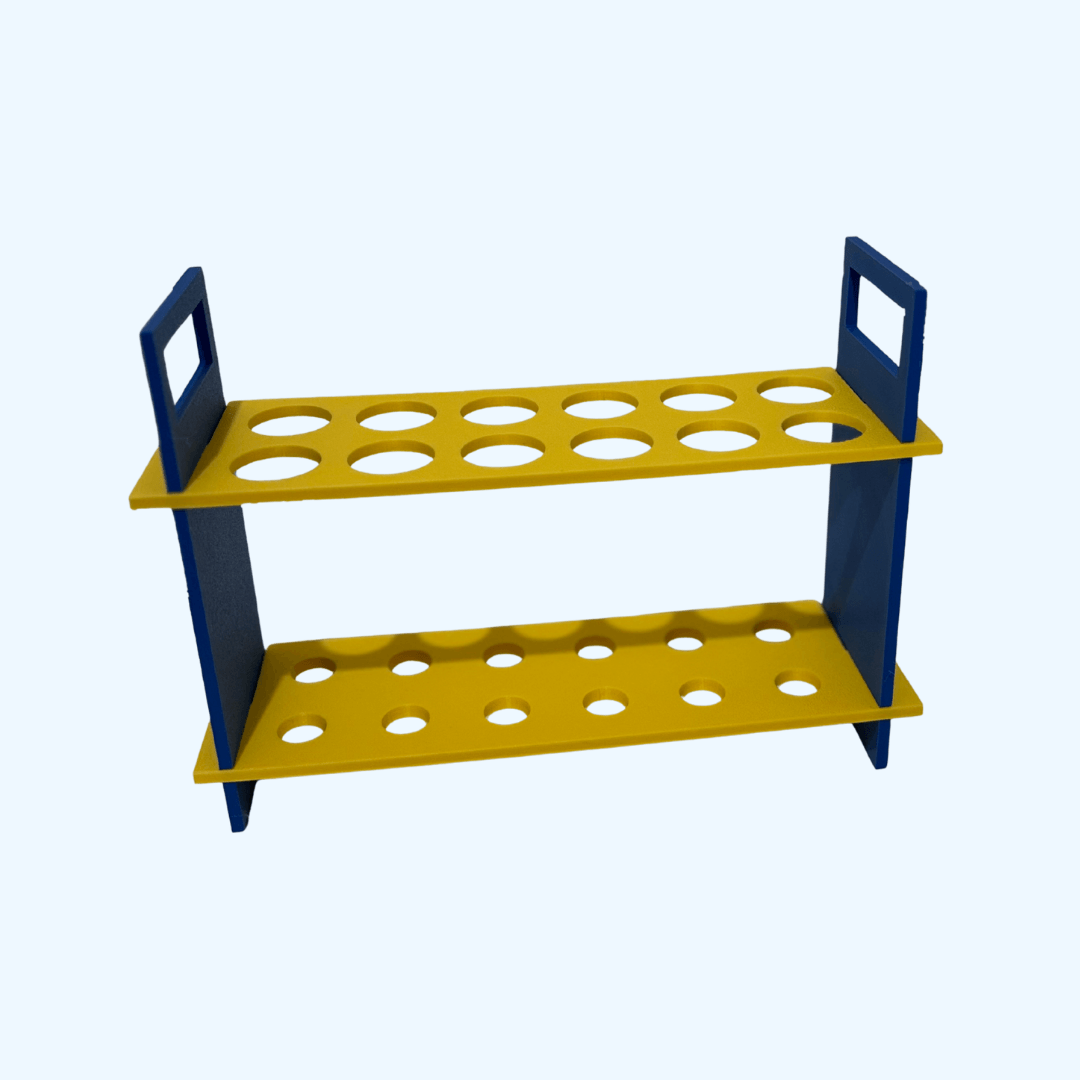 blue and yellow flat pack test tube rack