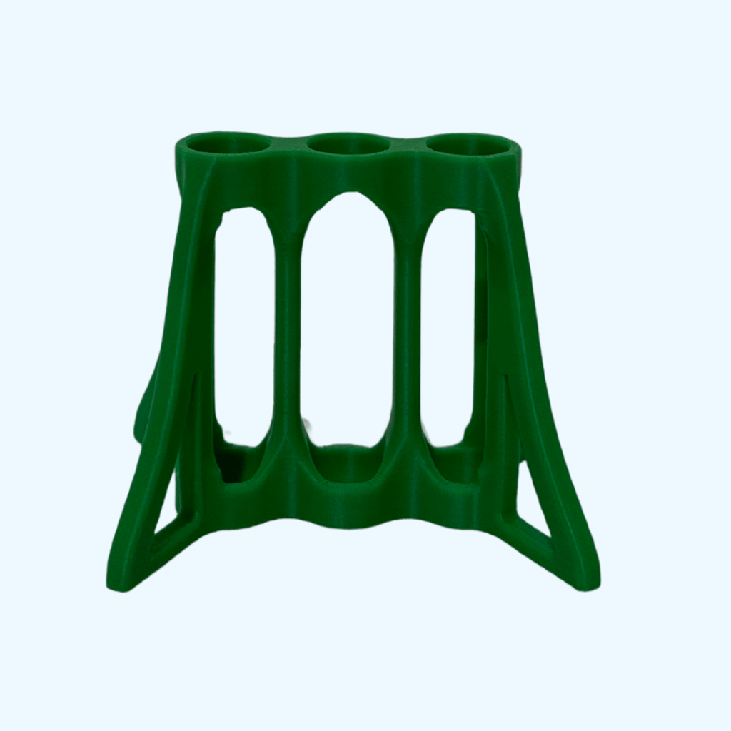 12 mm Test Tube base printed by 3DR-I, green four-leg structure for stability in labs.