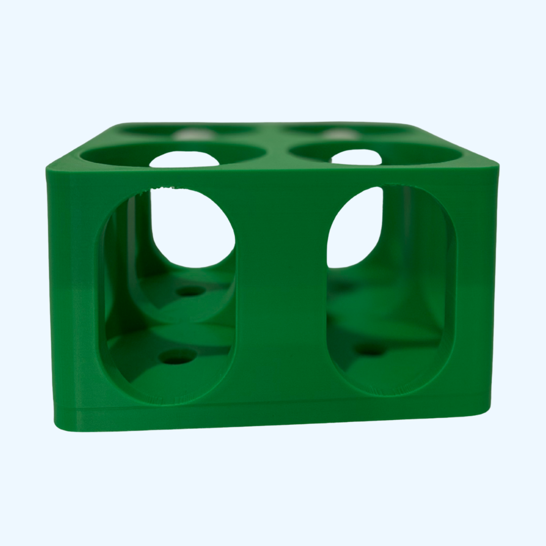 Green 3D-printed Bottle Rack for Lab by 3DR-I, front three-quarter view