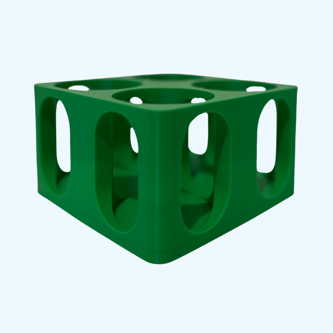 Green Bottle Rack for Lab by 3DR-I, angled top view showing four bottle wells and side windows